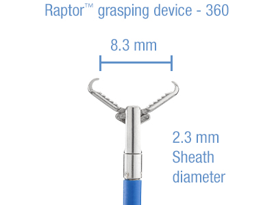 Raptor grasping device – 360 with rotatable forceps, 8.3mm opening, and 2.3mm sheath diameter.